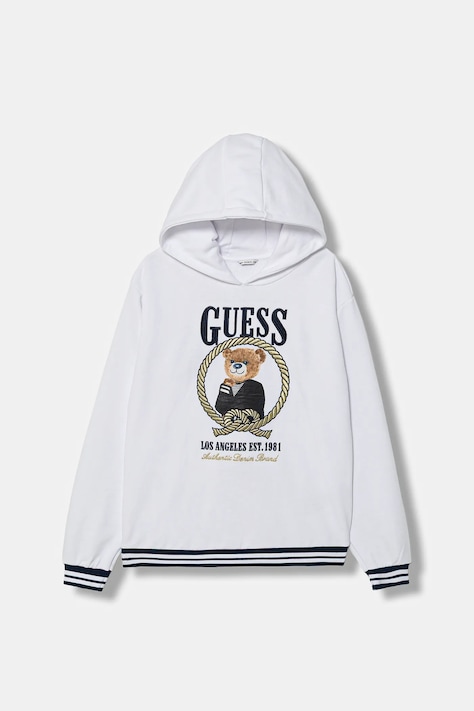 Guess bluza bawełniana dziecięca kolor biały z kapturem z nadrukiem J6RQ05 KAD74