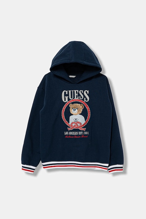 Guess bluza bawełniana dziecięca kolor granatowy z kapturem z nadrukiem J6RQ05 KAD74