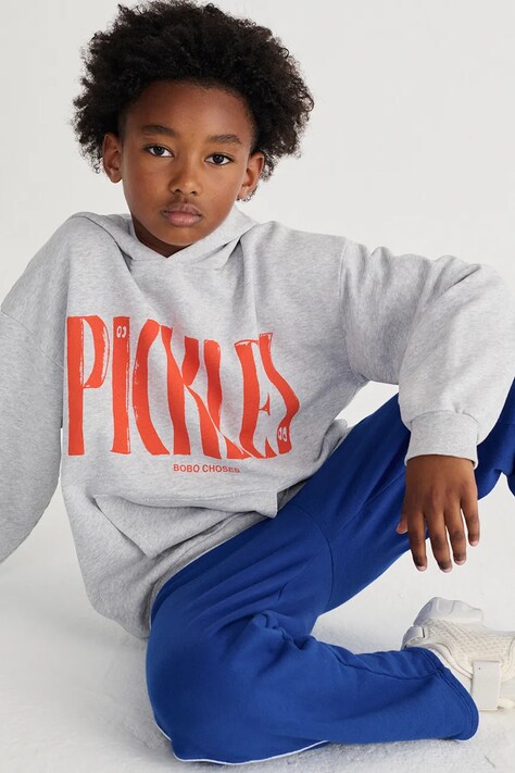 Bobo Choses bluza bawełniana dziecięca Spicy Pickles kolor szary z kapturem z nadrukiem B126AC051