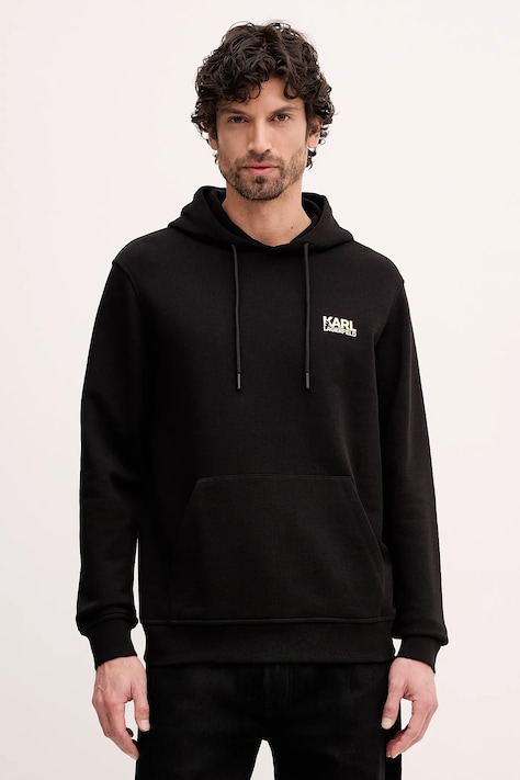 Bombažen pulover Karl Lagerfeld moški, črna barva, s kapuco, 561917.705781