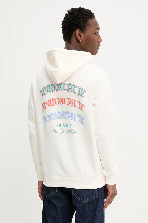 Pamučna dukserica Tommy Jeans boja: bež, s kapuljačom, s tiskom, DM0DM22365