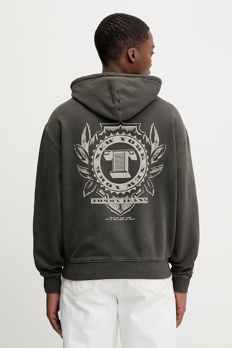 Tommy Jeans bluza bawełniana męska kolor szary z kapturem z nadrukiem DM0DM22367