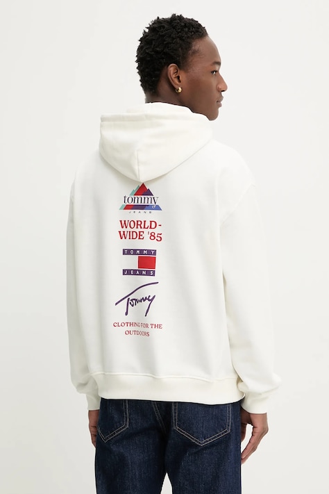 Pamučna dukserica Tommy Jeans boja: bež, s kapuljačom, s tiskom, DM0DM22379