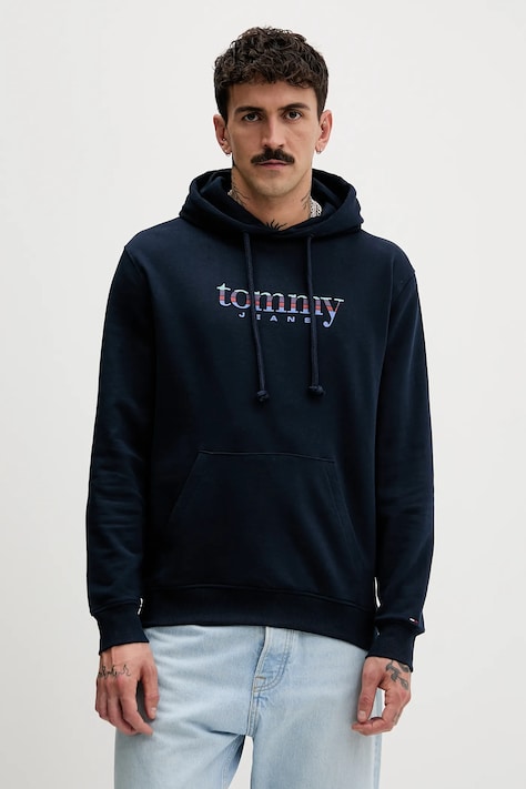 Tommy Jeans bluza bawełniana męska kolor granatowy z kapturem gładka DM0DM22642