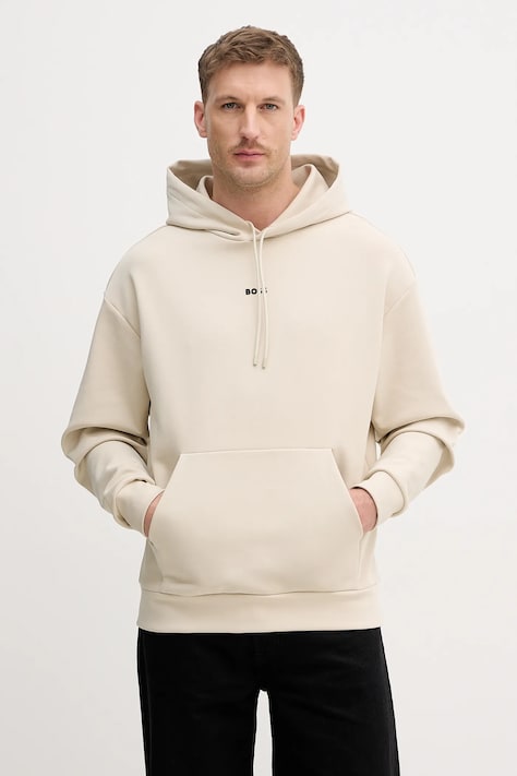 Суичър BOSS Green Sly Zone мъжки в бежово с качулка с изчистен дизайн 50564256