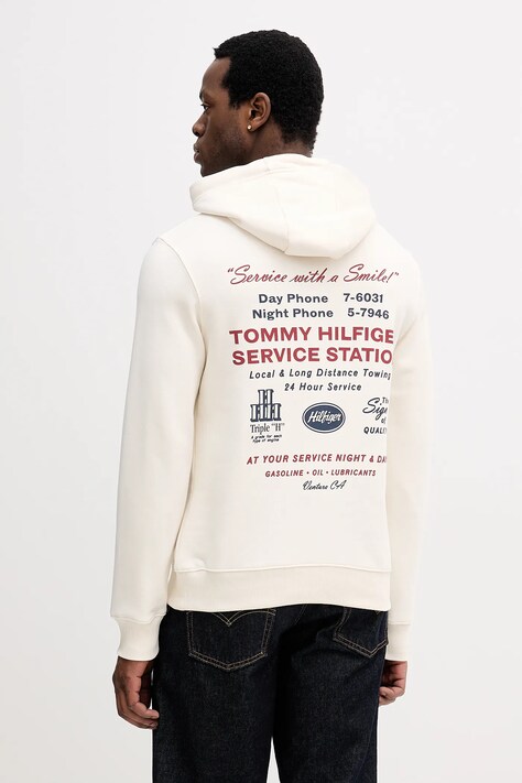 Tommy Hilfiger bluza bawełniana męska kolor beżowy z kapturem z nadrukiem MW0MW41434