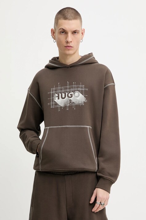 Hugo Blue bluza bawełniana męska kolor brązowy z kapturem wzorzysta 50553506
