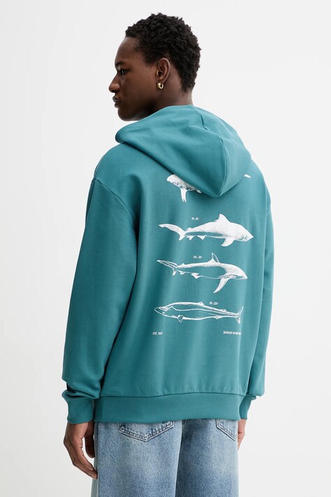 Hugo Blue bluza bawełniana Noutilex męska kolor turkusowy z kapturem z nadrukiem 50554391