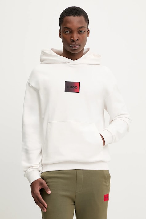 Bavlnená mikina HUGO béžová farba, s kapucňou, s potlačou, 50553145