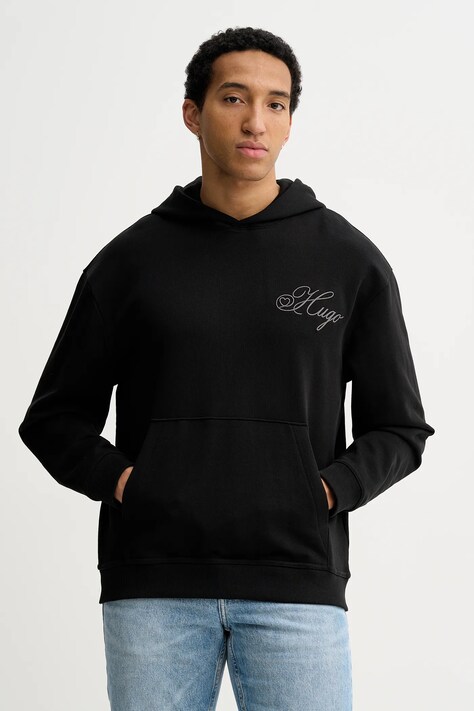 Βαμβακερή μπλούζα HUGO Dalento χρώμα: μαύρο, με κουκούλα, 50557085