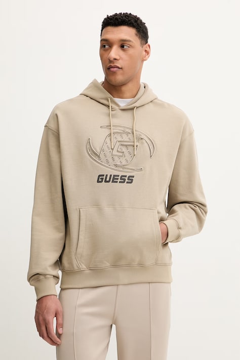 Guess bluza bawełniana KELE męska kolor zielony z kapturem z aplikacją Z6RQ05 K9YI1