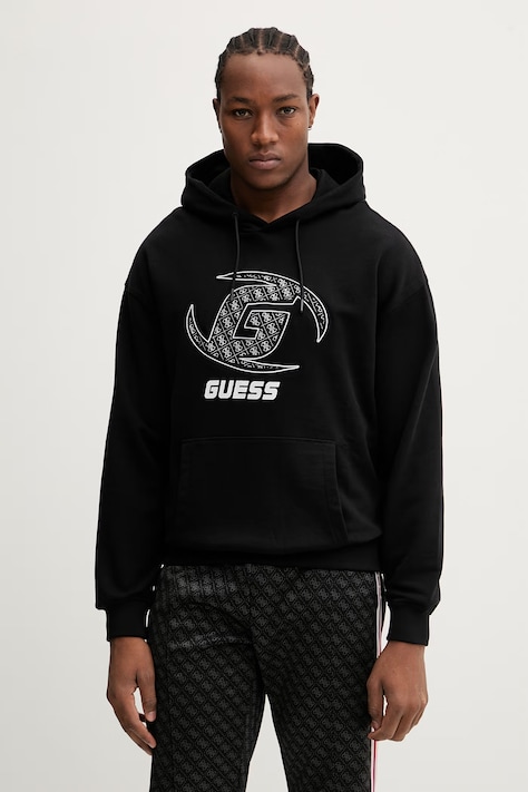 Хлопковая кофта Guess KELE цвет чёрный с капюшоном с аппликацией Z6RQ05 K9YI1