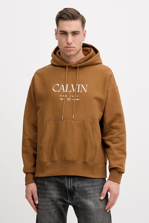 Μπλούζα Calvin Klein χρώμα: καφέ, με κουκούλα, LV04RE207G