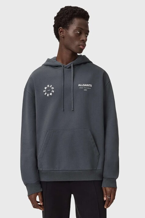 AllSaints bluza bawełniana męska kolor czarny z kapturem wzorzysta M018ND