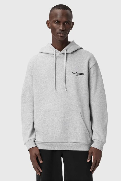 AllSaints bluza bawełniana męska kolor szary z kapturem wzorzysta M022ND