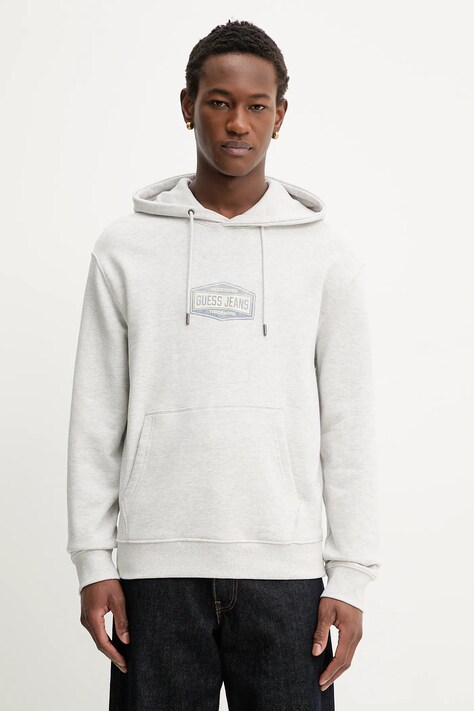 Хлопковая кофта Guess Jeans цвет серый с капюшоном с принтом M6RQ25 KCPR1