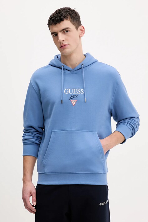 Guess Jeans bluza bawełniana męska kolor niebieski z kapturem melanżowa M6RQ26 KCPR1