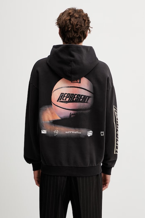Puma bluza bawełniana x Represent męska kolor czarny z kapturem z nadrukiem 635797