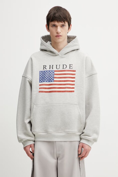 Bavlněná mikina RHUDE USA Flag pánská, šedá barva, s kapucí, s potiskem, RHPS26HO01103