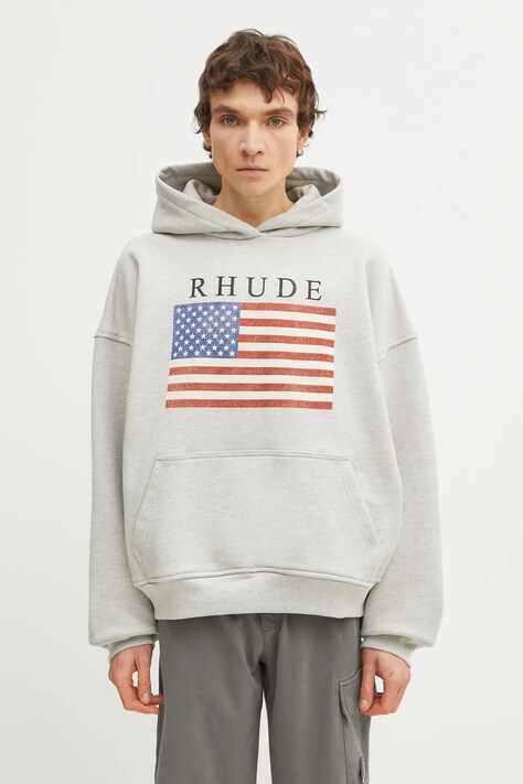 RHUDE bluza bawełniana USA Flag męska kolor szary z kapturem z nadrukiem RHPS26HO01103