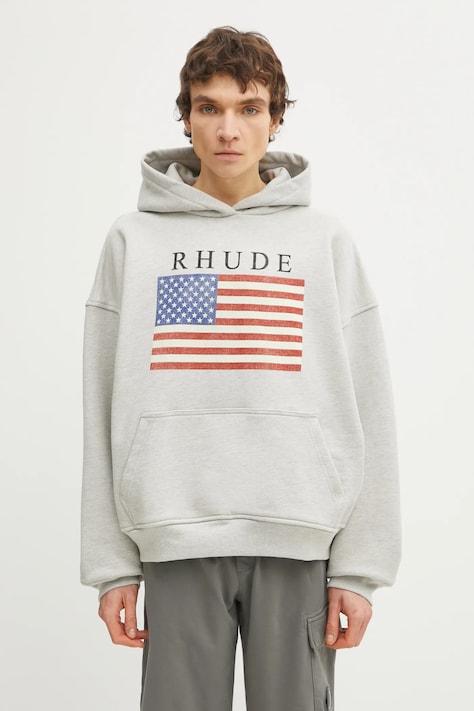 RHUDE bluza bawełniana USA Flag męska kolor szary z kapturem z nadrukiem RHPS26HO01103