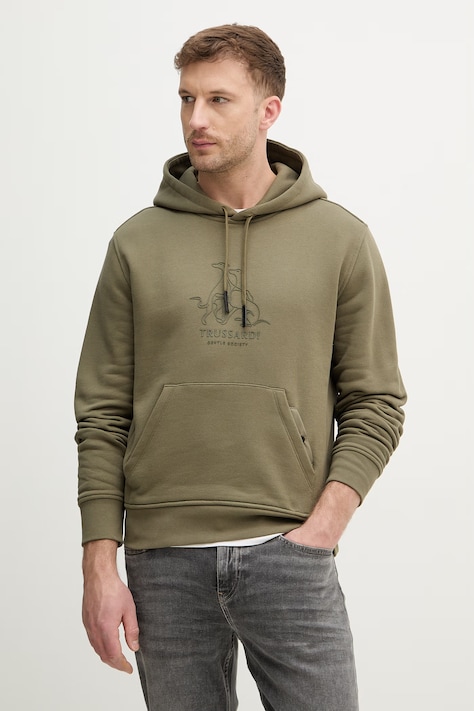 Trussardi bluza bawełniana męska kolor zielony z kapturem gładka G8218000117N