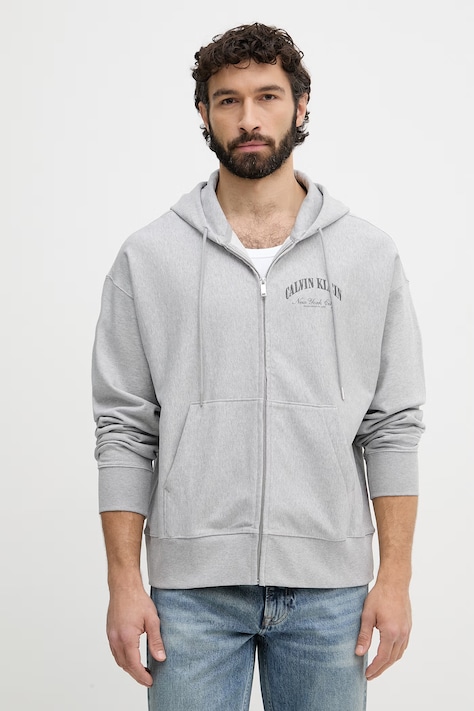 Calvin Klein Jeans mikina na zips s kapucňou dámska s bavlnou sivá LV04RF245G