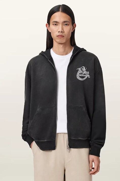 AllSaints bluza bawełniana TERRA męska kolor czarny z kapturem z nadrukiem M020NE