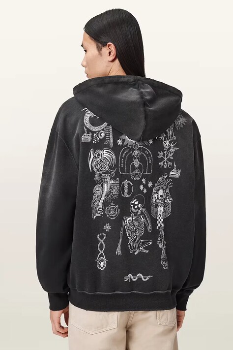 Bavlněná mikina AllSaints TERRA pánská, černá barva, s kapucí, s potiskem, M020NE