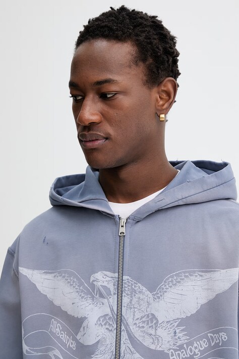 AllSaints bluza bawełniana AETERNA męska kolor fioletowy z kapturem z nadrukiem M021NE