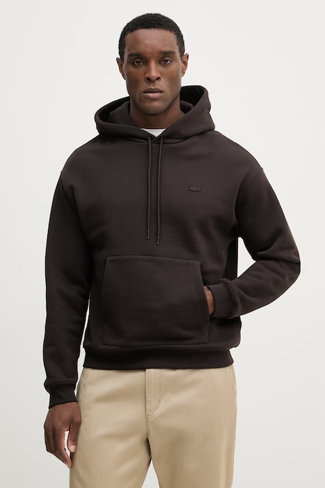 Lacoste bluza bawełniana męska kolor brązowy z kapturem gładka SH7741