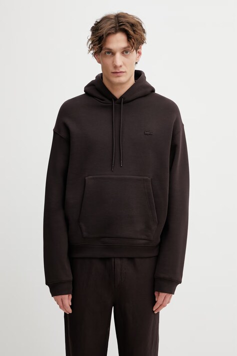 Lacoste bluza bawełniana męska kolor brązowy z kapturem gładka SH7741
