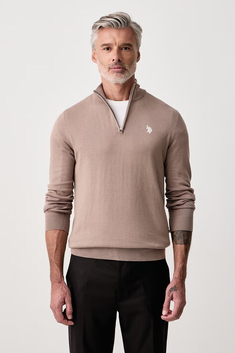 U.S. Polo Assn. Sweter męski bawełniany COTTON 1/4 ZIP NECK brązowy MUP3938