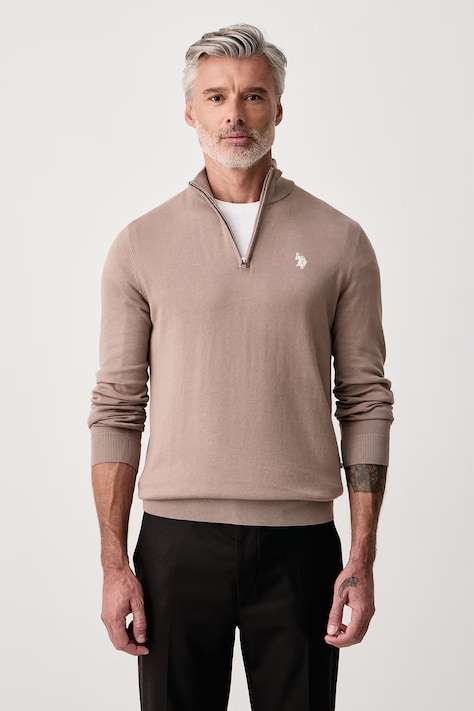 U.S. Polo Assn. Πουλόβερ ανδρικό βαμβακερό COTTON 1/4 ZIP NECK καφέ MUP3938