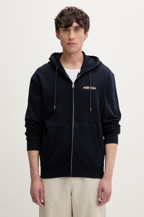 Guess Jeans rozepínací mikina s kapucí pánská bavlněná námořnická modrá M6RQ38 KCPR1