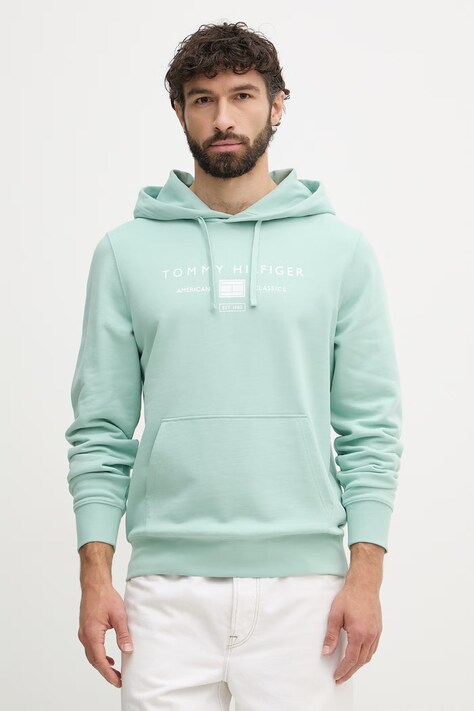 Tommy Hilfiger bluza z kapturem męska bawełniana turkusowa MW0MW42464
