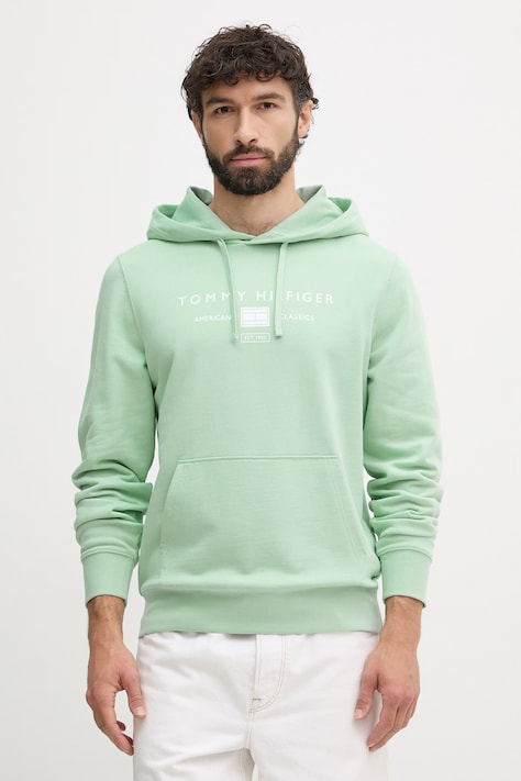 Tommy Hilfiger mikina s kapucí pánská bavlněná tyrkysová MW0MW42464