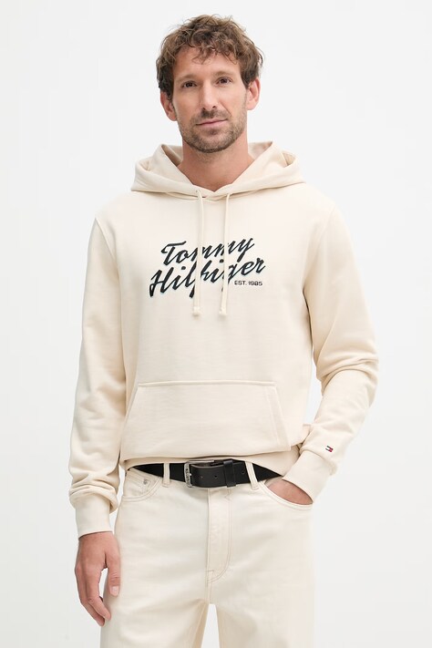 Tommy Hilfiger dukserica sa kapuljačom muška od pamuka bež MW0MW42496