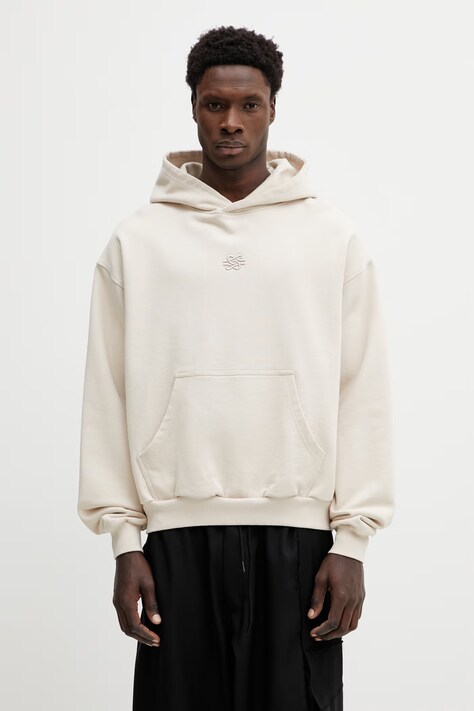 Filling Pieces bluza bawełniana Boxy Embroidered męska kolor beżowy z kapturem gładka 412632501284.292