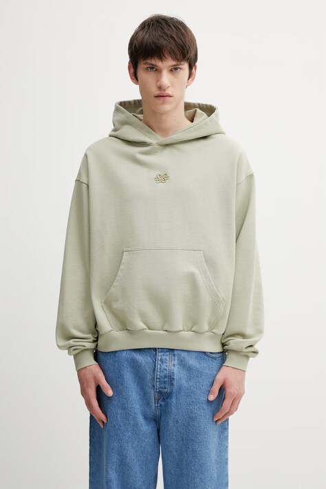 Filling Pieces bluza bawełniana Boxy Embroidered męska kolor zielony z kapturem gładka 412632501284.302