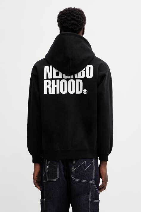 NEIGHBORHOOD bluza bawełniana CLASSIC SWEAT ZIP HOODIE LS męska kolor czarny z kapturem z nadrukiem 252UWNH.CSM03