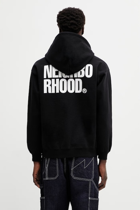 NEIGHBORHOOD bluza bawełniana CLASSIC SWEAT ZIP HOODIE LS męska kolor czarny z kapturem z nadrukiem 252UWNH.CSM03