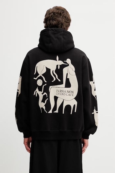 by Parra Non grand cafe bluza z kapturem męska z bawełną czarna 55230