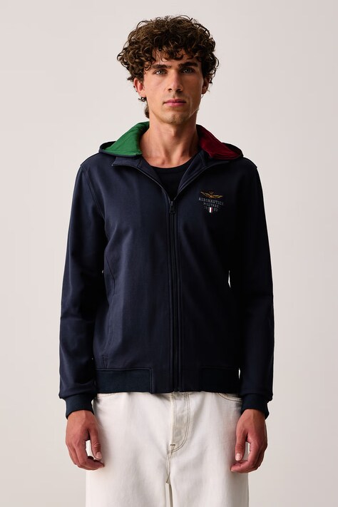 Aeronautica Militare Bluza rozpinana z kapturem męska bawełniana z elastanem granatowa FE2097UF00674