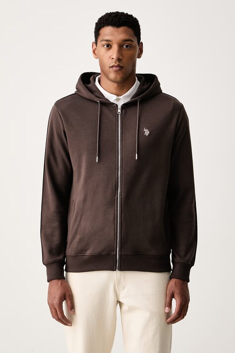 U.S. Polo Assn. jopica s kapuco moška z bombažem DHM Interlock Zip rjava MUP4660