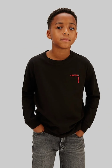 Dětské bavlněné tričko s dlouhým rukávem Calvin Klein Jeans černá barva, s potiskem, IB0IB02614