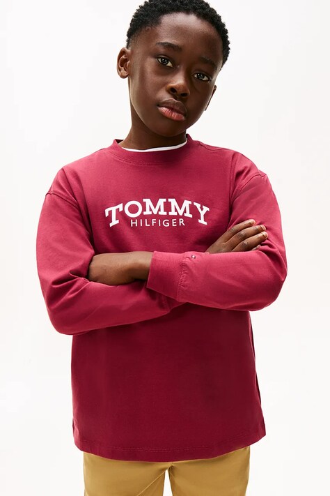 Tommy Hilfiger longsleeve bawełniany dziecięcy kolor bordowy z nadrukiem KB0KB10052