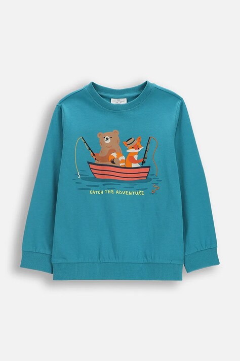 Coccodrillo longsleeve bawełniany dziecięcy kolor turkusowy z nadrukiem FISHING CLUB BOY KIDS
