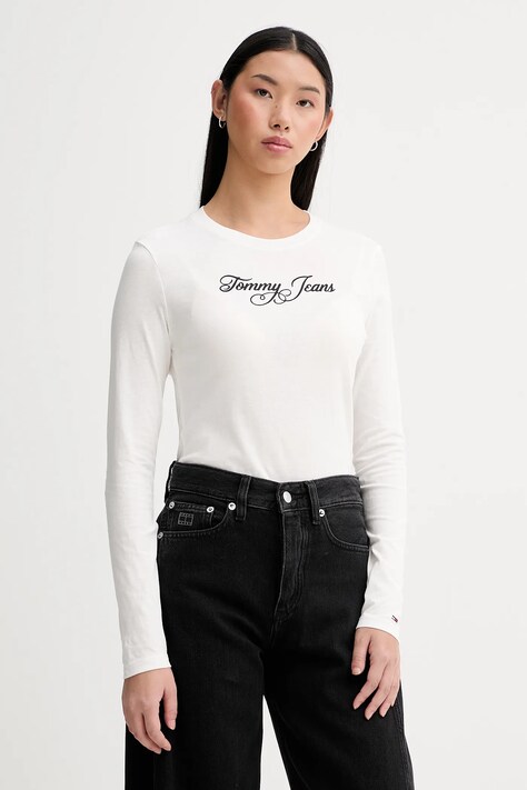 Tommy Jeans longsleeve bawełniany kolor beżowy DW0DW21844