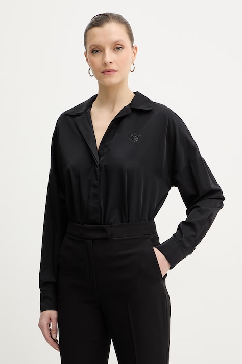 Guess body z domieszką jedwabiu CARMELA damska kolor czarny relaxed z kołnierzykiem klasycznym W6RH61 WJ782